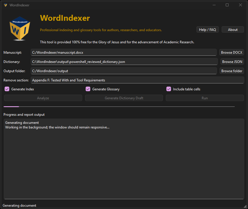WordIndexer generating a document